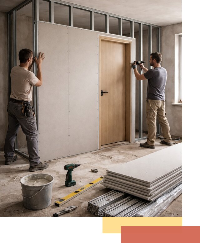 Перегородка из гипсокартона с дверью под ключ в Батайске