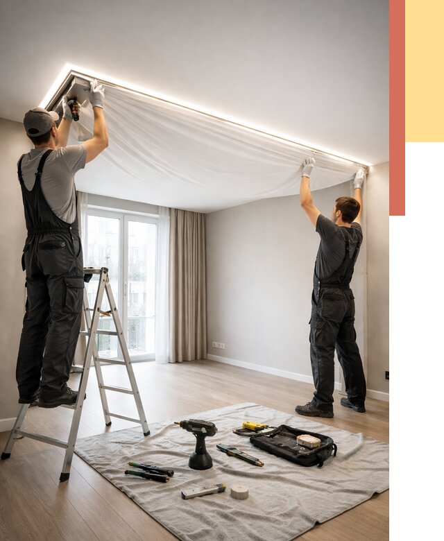 Монтаж парящего натяжного потолка в Батайске от 4554 руб. быстро и недорого | ОТДЕЛОЧНИК-Бтс