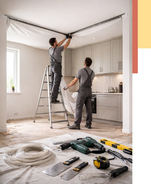 Установка натяжного потолка на кухне в Батайске от 2429 руб. | ОТДЕЛОЧНИК-Бтс