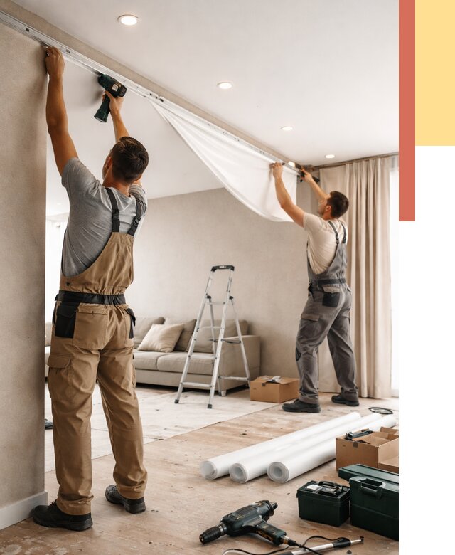 Монтаж натяжного потолка в гостиной в Батайске от 557 руб. | ОТДЕЛОЧНИК-Бтс