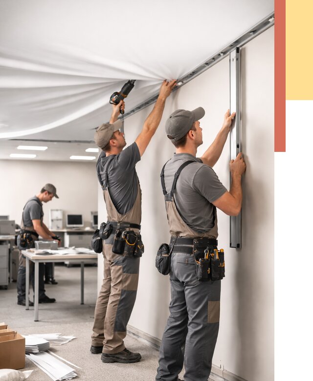 Монтаж натяжного потолка в офисе в Батайске от 455 руб/м² — быстро и недорого | ОТДЕЛОЧНИК-Бтс