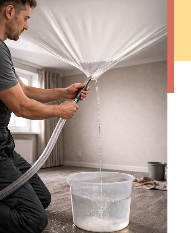 Слив воды с натяжного потолка в Батайске от 2530 руб. быстро и недорого | ОТДЕЛОЧНИК-Бтс