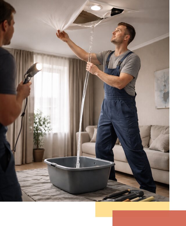 Слив воды с натяжного потолка в Батайске быстро и аккуратно