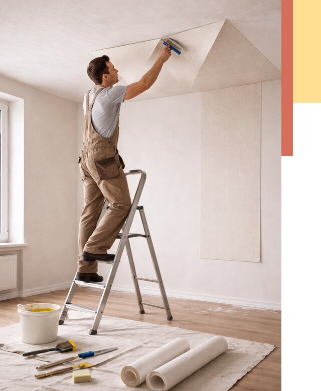 Поклейка обоев на потолок в Батайске от 4554 руб. быстро и недорого | ОТДЕЛОЧНИК-Бтс